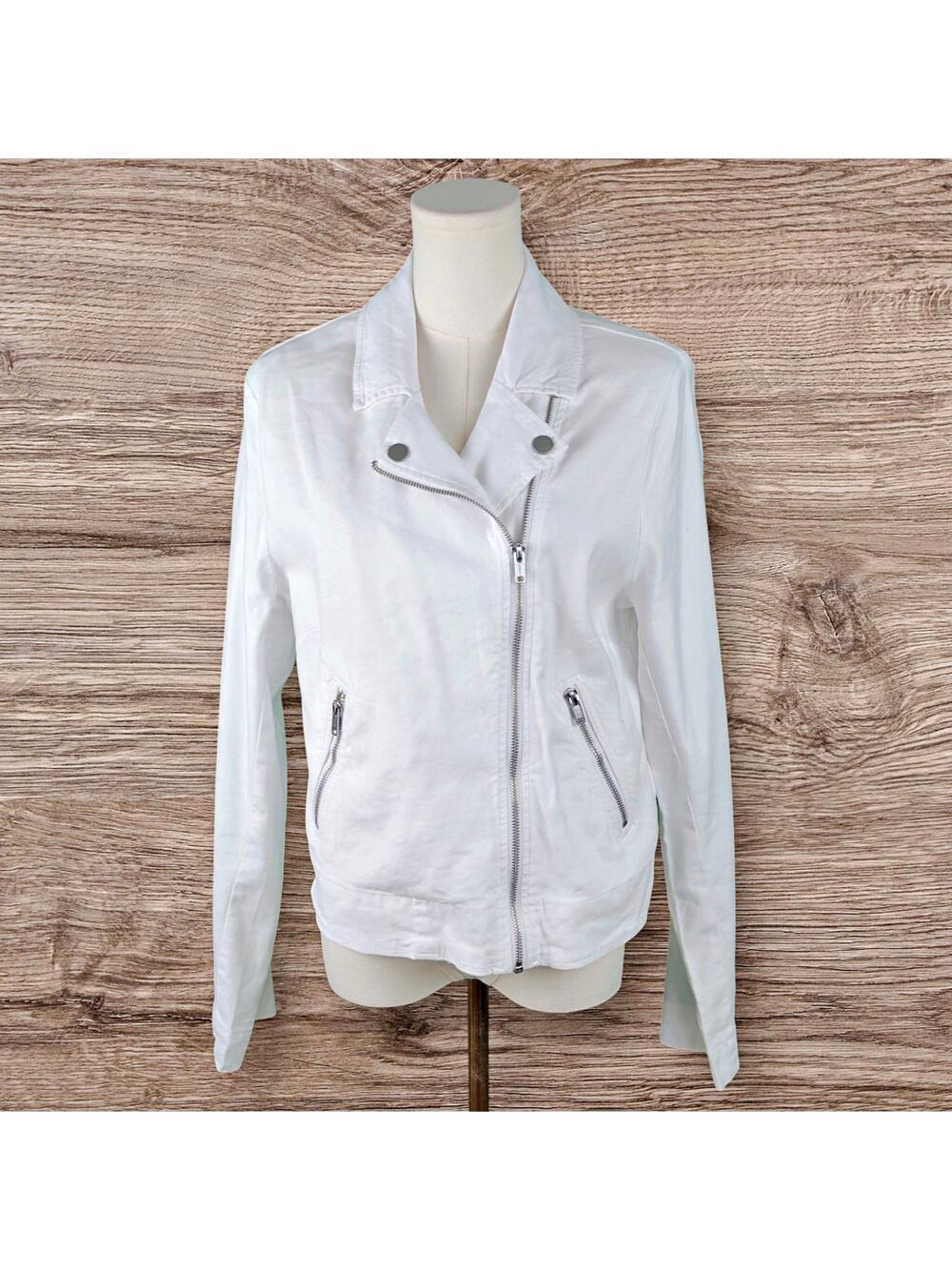 Evereve Jagger White Moto Jacket Linen Blend Stretch LARGE NWT NEW